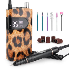 Lavinda leopard nail drill front view highlights cordless convenience for on-the-go manicures