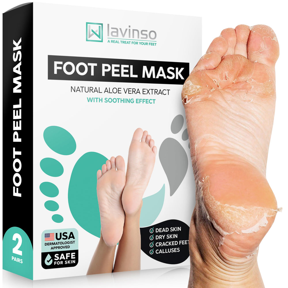 Lavinso Foot Peel Mask on feet shows easy slip-on application and exfoliation.