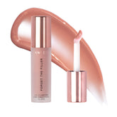 Lawless Forget The Filler Lip Plumper Line Gloss Nudie on lips delivers glassy shine and light plumping