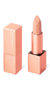 Lawless Forget the Filler lipstick tube cap closeup showing satin finish for smooth, hydrated color.