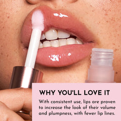 LAWLESS Lip Plumper on lips delivers glass-like shine and fuller appearance.