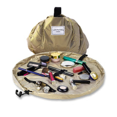 Lay-n-Go Cosmo bag open reveals a full makeup workspace for easy access.