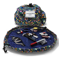 Lay-n-Go Cosmo butterfly small floral opens flat for quick makeup access during travel.