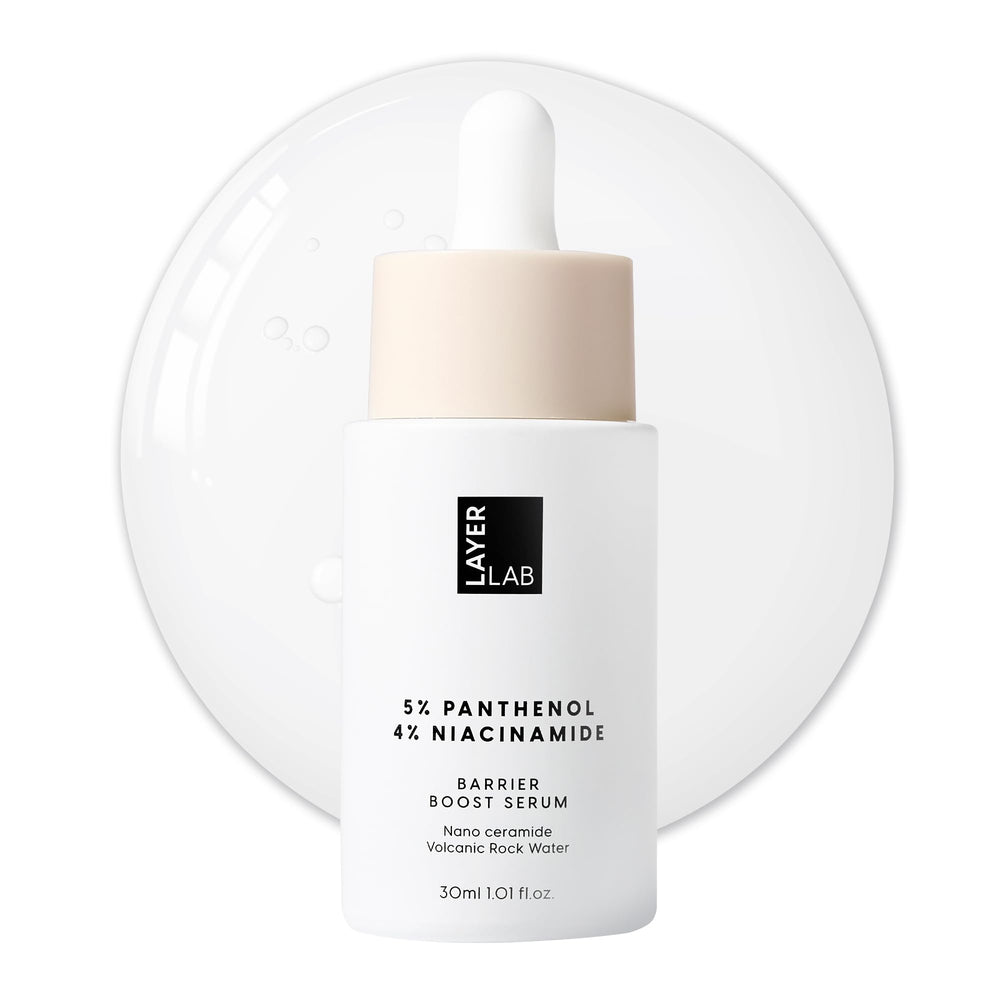 LAYERLAB Barrier Boost Serum bottle closeup highlighting hydration support