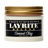 Layrite Cement Hair Clay jar and packaging highlighting durable all-day hold.