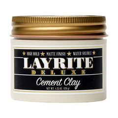 Layrite Cement Hair Clay jar and packaging highlighting durable all-day hold.