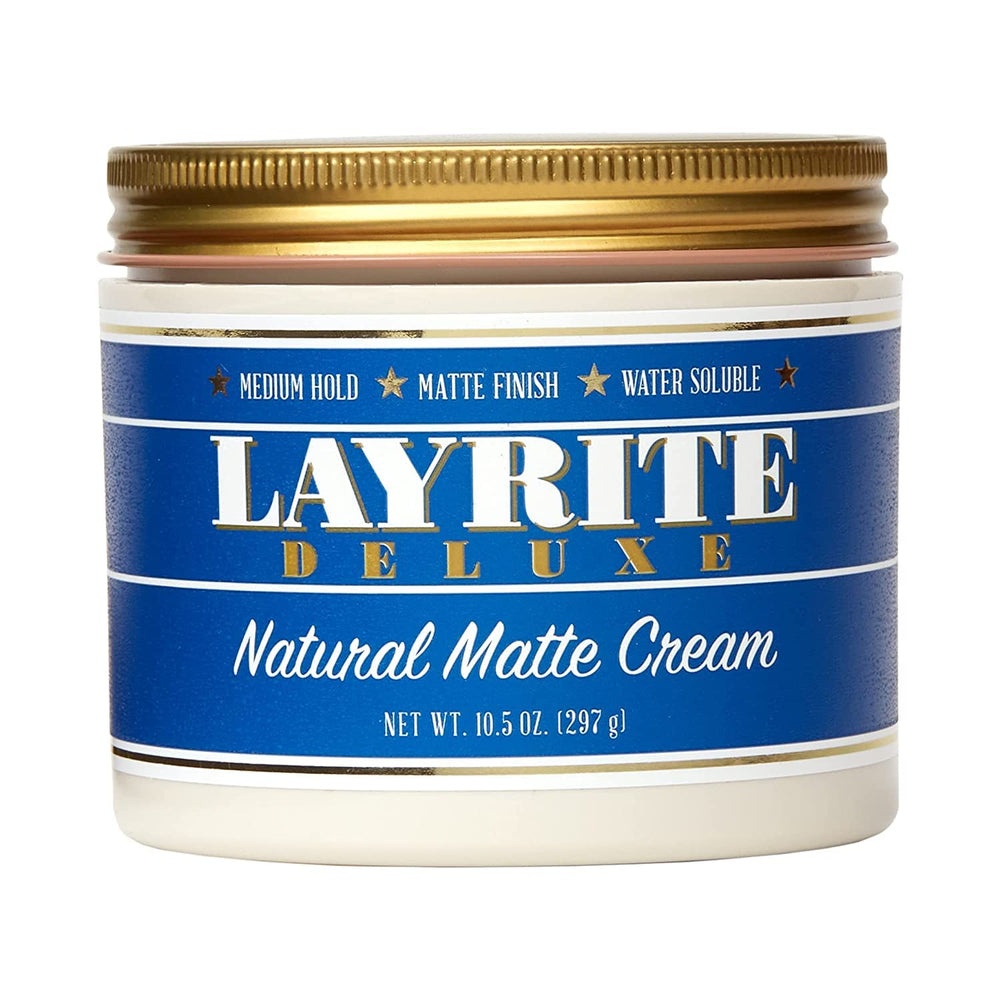 Layrite Natural Matte Cream packaging and 10.5 oz jar for versatile styling