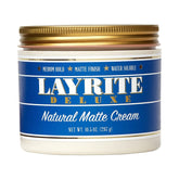 Layrite Natural Matte Cream packaging and 10.5 oz jar for versatile styling