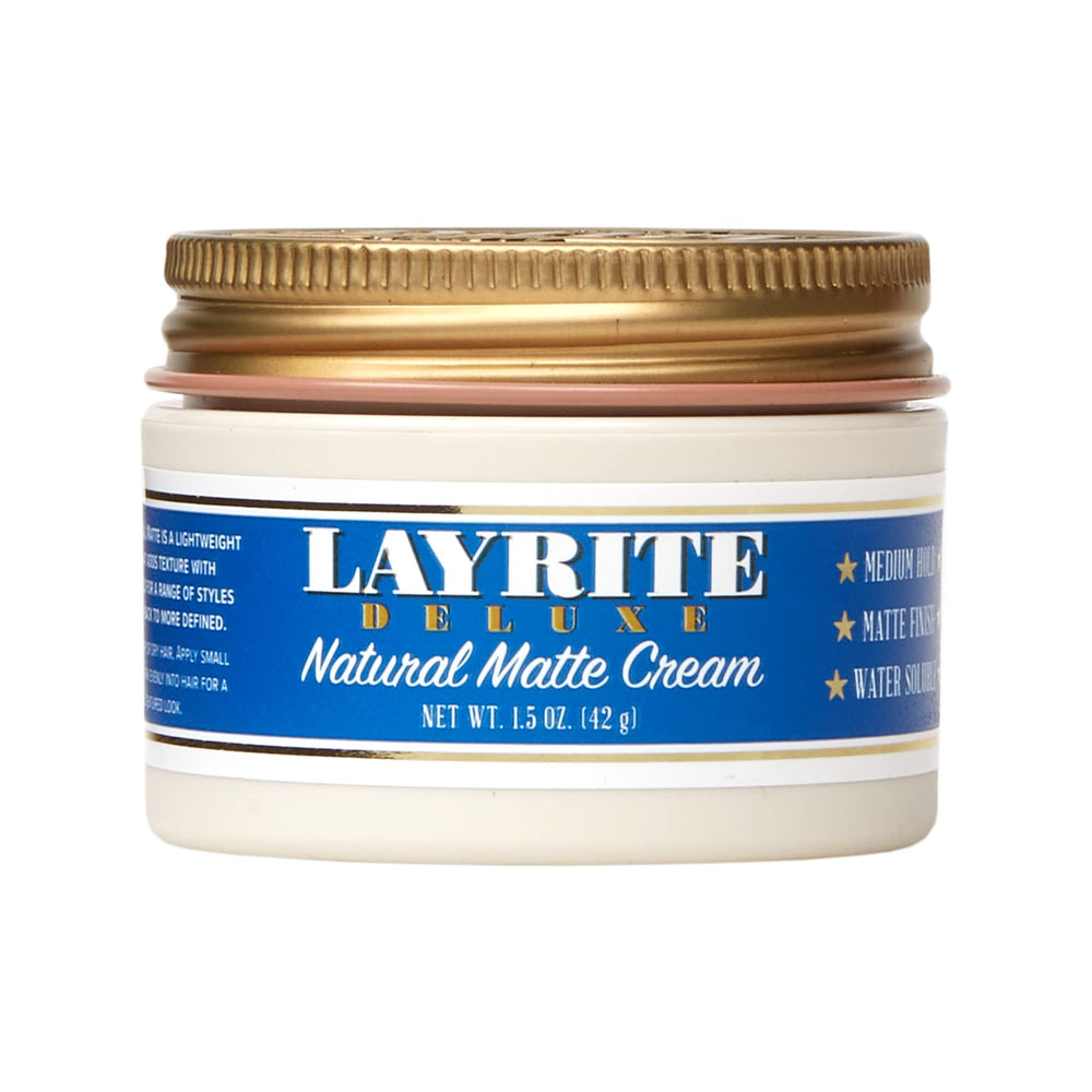 Layrite Natural Matte Cream front view in compact 1.5 oz packaging for easy travel.
