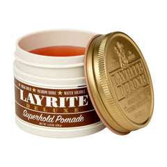 Layrite Superhold Pomade orange jar close-up highlighting high hold and shine