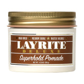 Layrite Superhold Pomade orange jar close-up for strong hold and shine