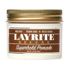 Layrite Superhold Pomade orange jar close-up for strong hold and shine