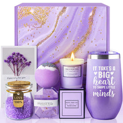 LE CADEAU Lavender Spa Basket packaging showcases thoughtful gift presentation for teachers.