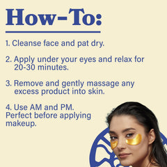 LE GUSHE gold under-eye patches on eye area demonstrating de-puffing effect