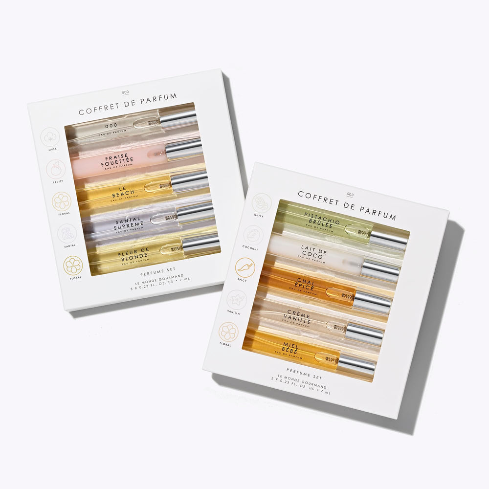 Le Monde Gourmand box set with 10 mini EDPs, travel-friendly collection for her.