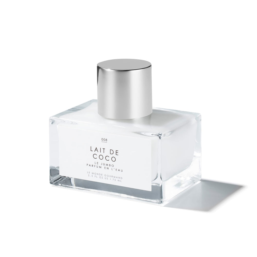 Le Monde Gourmand Le Jumbo Lait de Coco bottle showcases tropical coconut scent with versatile wear