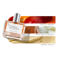 Pêche Délicieuse bottle closeup emphasizes vanilla caramel notes for indulgence