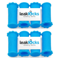 LeakLocks Toiletry Skins 8-pack packaging shows protective sleeves for leaks during travel