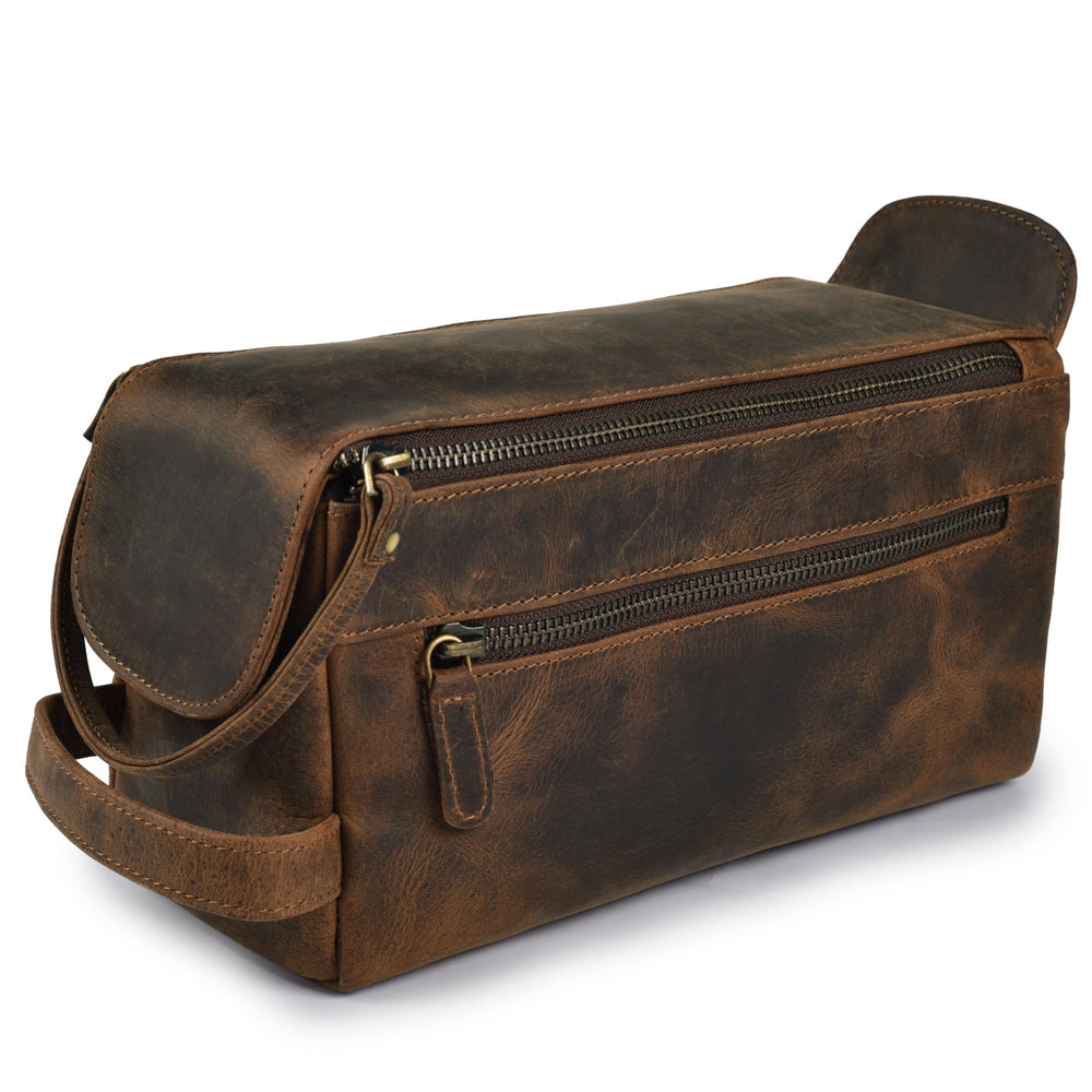 LEATHER VILLAGE Premium Leather Travel Toiletry Bag front view highlights rugged durability
