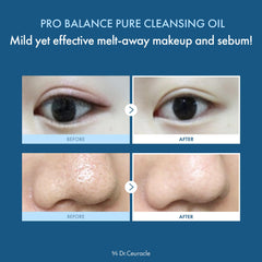 Leegeehaam Dr.Ceuracle Pro Balance Pure Cleansing Oil bottle with milky emulsion after water—gentle cleansing.