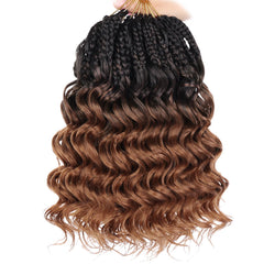 Leeven 10-inch curly crochet hair on model highlights full head and boho style.