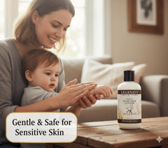 Legend's Creek Goat Milk Lotion aloe content close-up implies soothing hydration after bath.