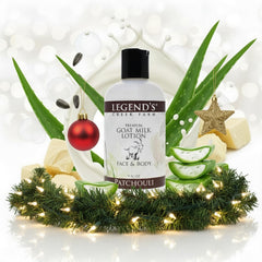 Legend's Creek Goat Milk Lotion with sunflower oil texture image suggests lightweight, non-greasy absorption.