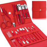 Leipple manicure set red-case shows 16 tools for precise grooming on the go.