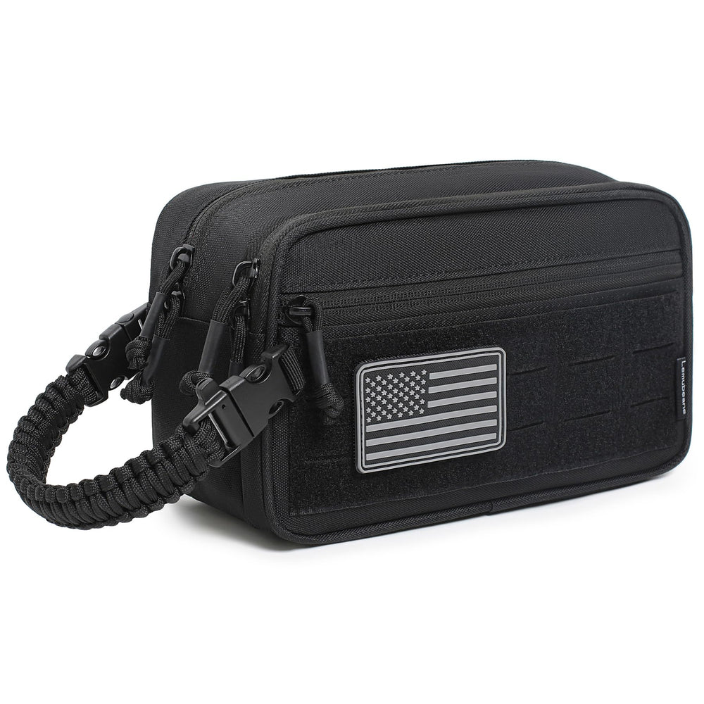 Lemubeane tactical toiletry bag front view demonstrates rugged 600D nylon for durable travel storage