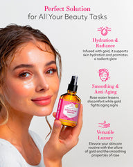 Leven Rose 24K Gold Rose Water Toner closeup showing gold-infused formula and skin-fresh feel