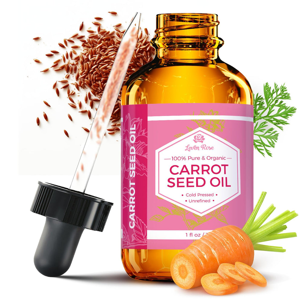 Leven Rose carrot seed oil bottle – pure, unrefined oil for skincare and hair care.