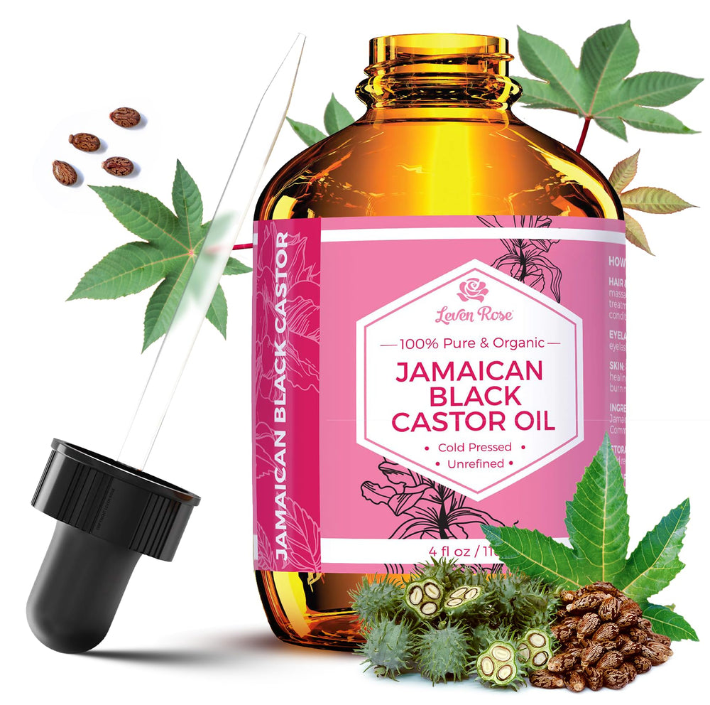 Leven Rose Jamaican Black Castor Oil bottle showing rich natural oil for hair and scalp care.