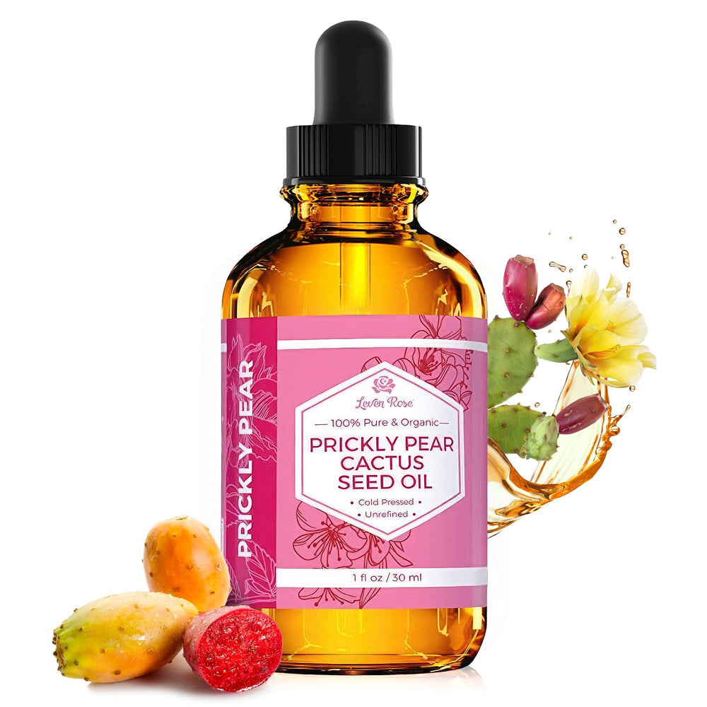 Leven Rose Prickly Pear Seed Oil bottle pour demonstrates portable skin nourishment.