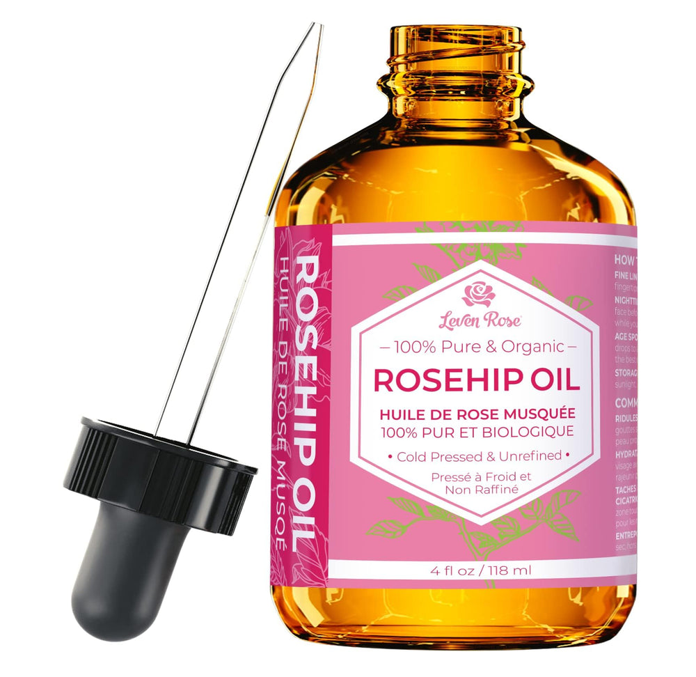 Leven Rose rosehip seed oil bottle for facial nourishment and glow.