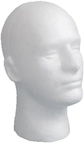 LIAMTU wig display head in foam white showcases wigs, glasses, and caps.