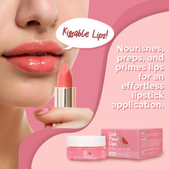 Lick Your Lips Watermelon Sugar Lip Scrub on lips suggests hydration and a smooth pout.