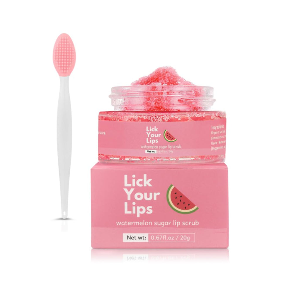 Lick Your Lips Watermelon Sugar Lip Scrub tub close-up for smooth lips.
