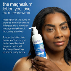 Life-Flo Magnesium Lotion vanilla bottle shows mild scent option for relaxation.
