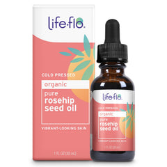 Life-Flo Pure Organic Rosehip Seed Oil bottle emphasizing hydration and purity