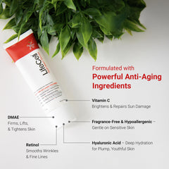 LifeCell ingredients DMAE vitamin C retinol hyaluronic acid highlight firming and glow