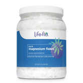 LIFE-FLO Pure Magnesium Bath Flakes jar-open showing unscented Zechstein source for relaxing spa-like baths.