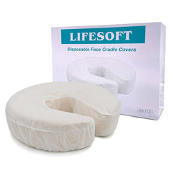 LIFESOFT disposable face cradle cover packaging highlights easy disposal for busy spas.