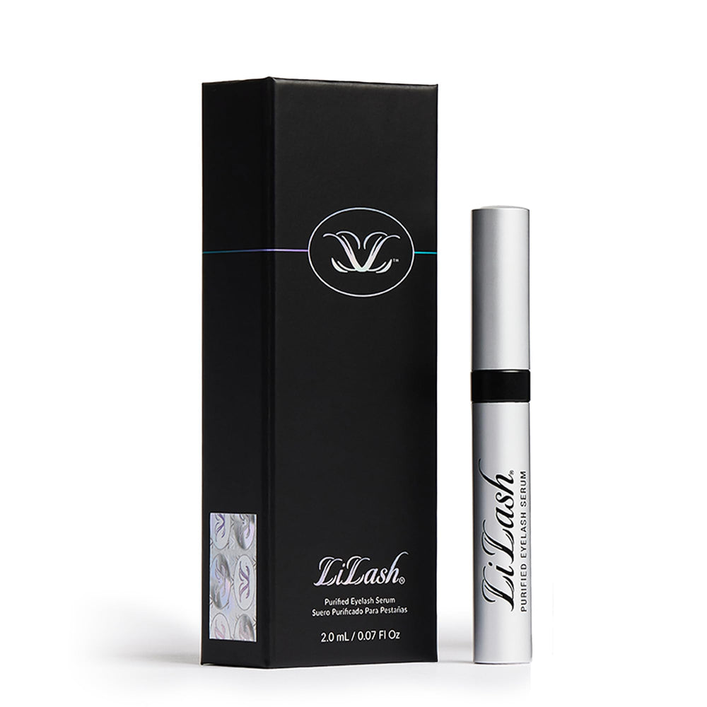 LiLash Purified Eyelash Serum bottle close-up showing growth-boosting formula for stronger lashes.
