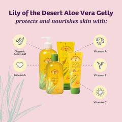 Lily Of The Desert Gelly Moisturizer closeup reveals translucent gel with vitamins for nourishment.