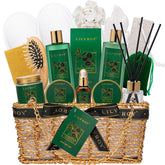 Lily Roy 18-piece spa gift basket in a reusable woven basket for stylish storage.