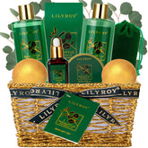 LILY ROY bath gift basket front view for festive gifting.
