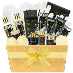 LILY ROY gold spa gift basket open, a luxurious all in one pampering set for holidays.