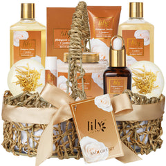 LILY ROY honey almond gift set basket shows gift-ready presentation for spa nights