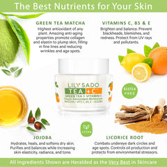 LILY SADO Tea+C green tea leaves highlight antioxidant-rich formula.