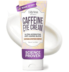 LilyAna Naturals caffeine eye cream tube demonstrating smooth texture for refreshed under-eye skin.